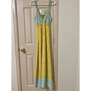Yellow & teal maxi dress w/tie back